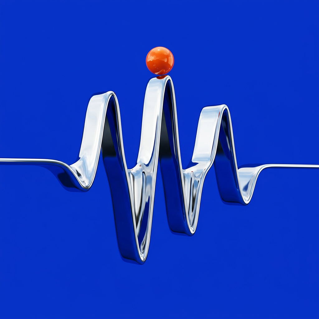 A ribbon of liquid chrome bent into a waveform, with a glossy orange token resting on its highest peak
